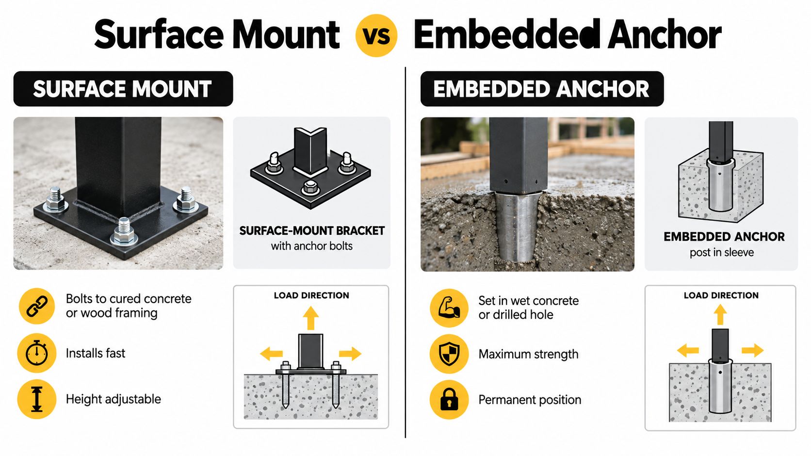 A comparison graphic showing the differences between surface mount and embedded anchor installation methods for fence posts.