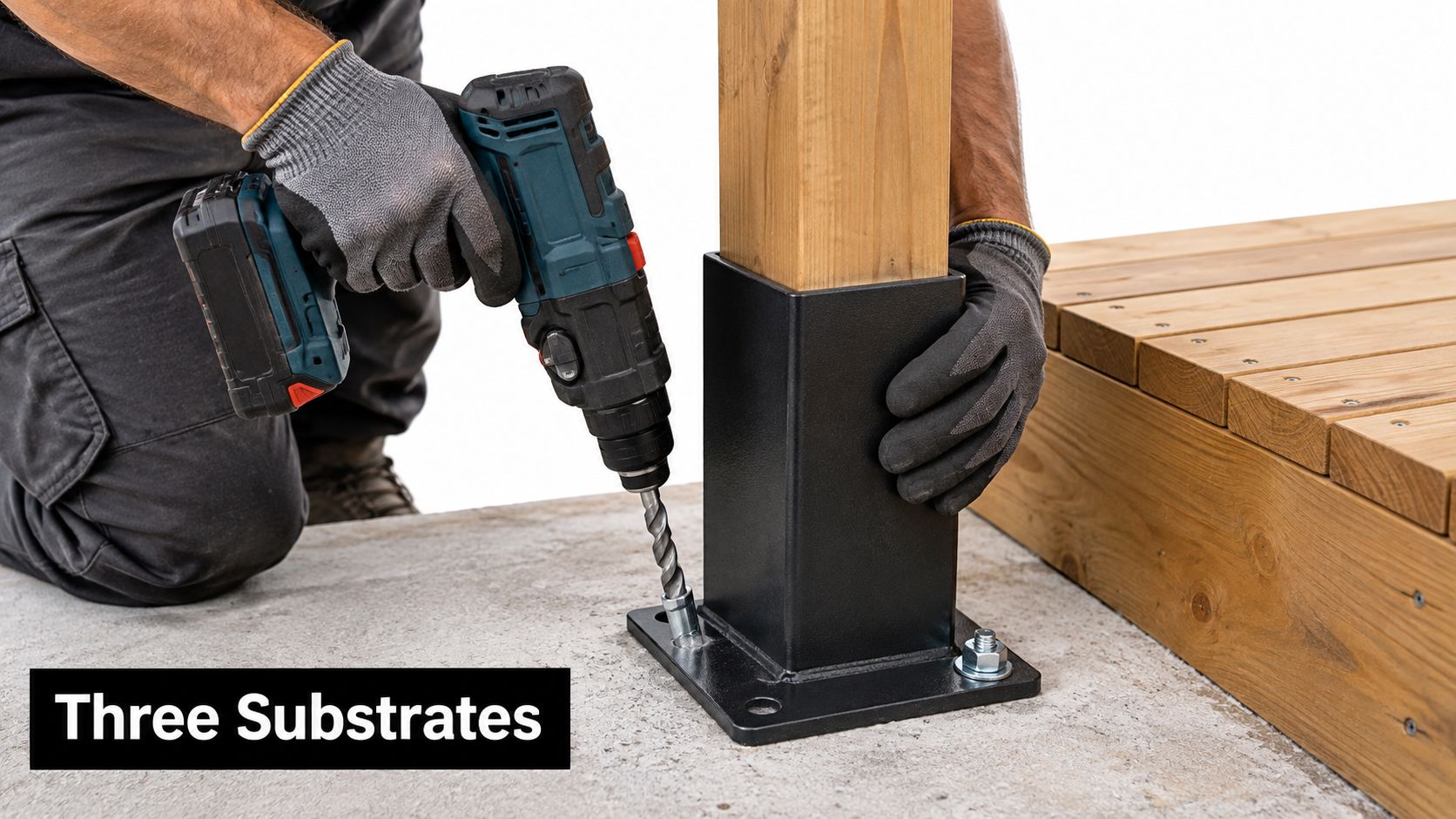 A person using a power drill to install a black metal 4x4 post holder into concrete.
