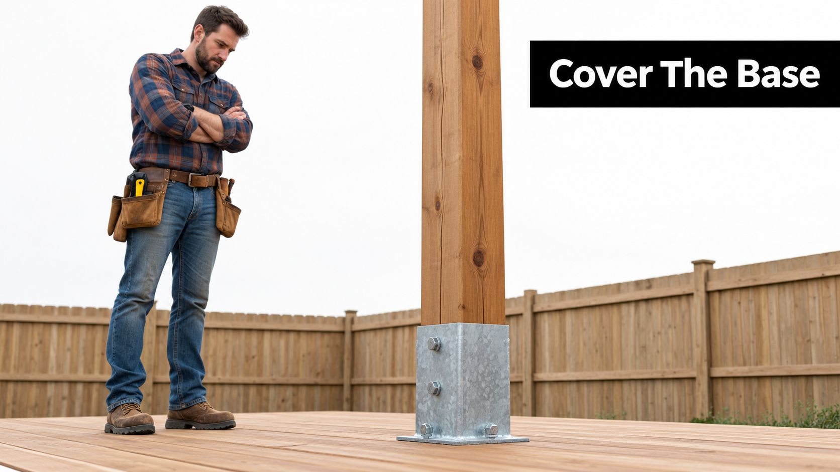 A construction worker standing next to a wooden post installed with a metal base on a deck.