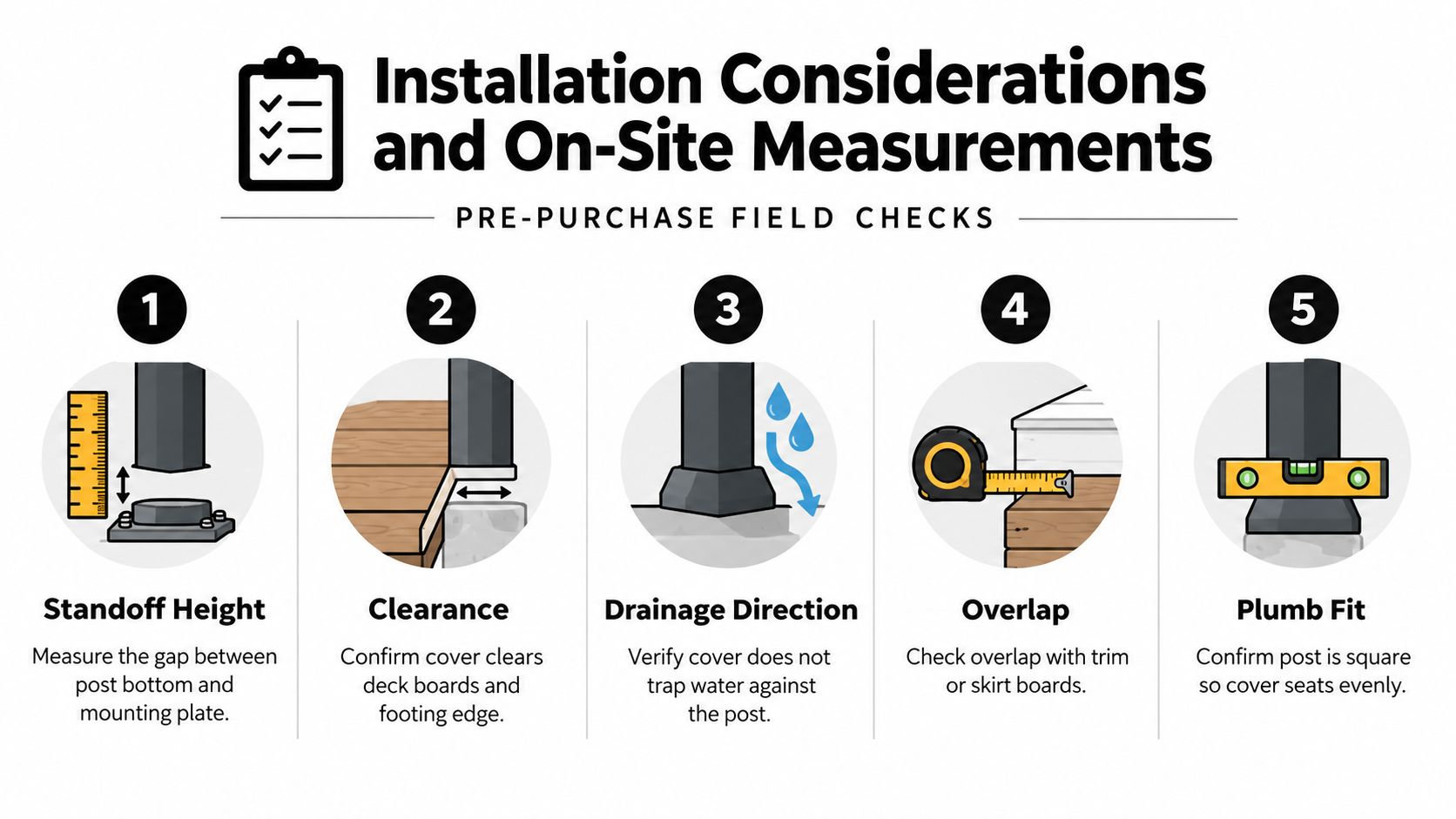 A five-step infographic showing pre-purchase field checks for installing 6x6 post base covers on decks.