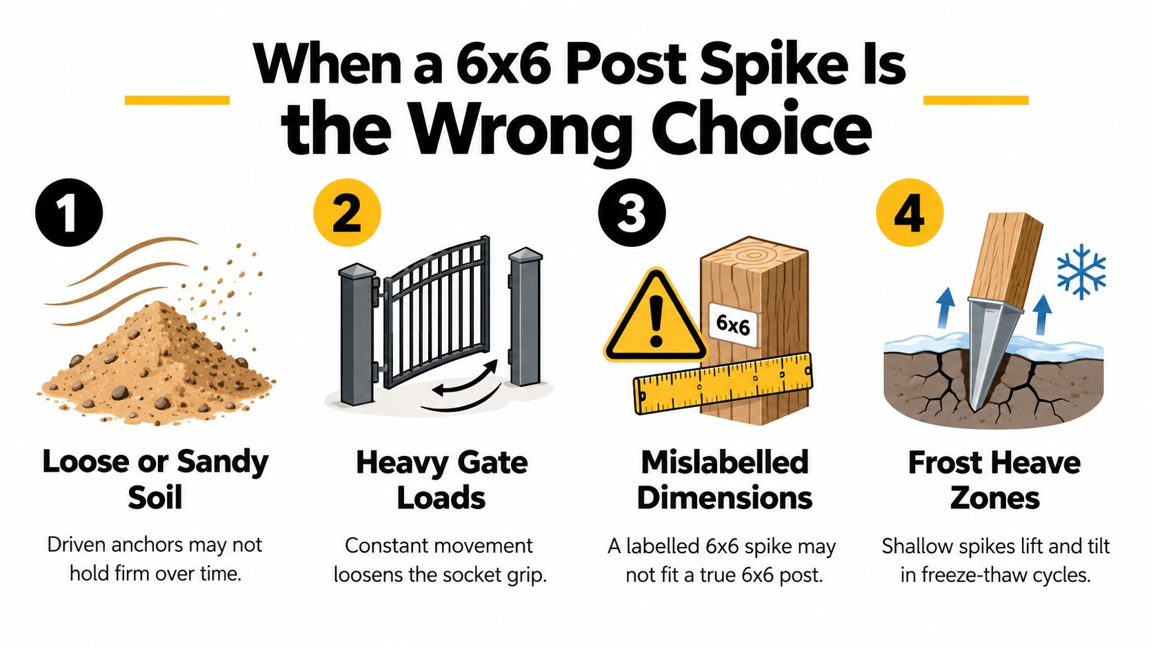 An infographic illustrating four scenarios where using a 6x6 post spike is not recommended for construction.