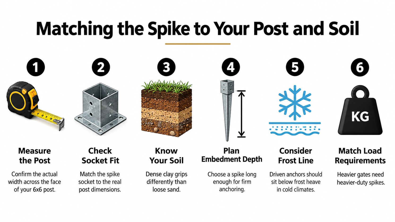 An infographic showing six steps for choosing the correct metal spike for a 6x6 fence post installation.