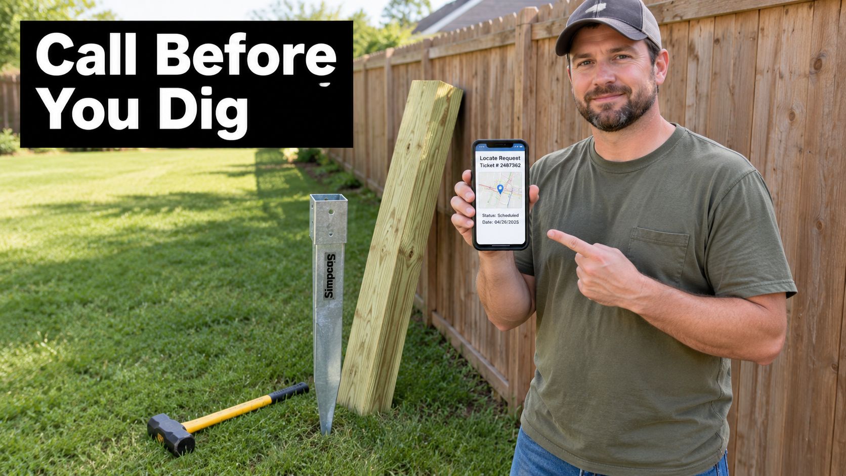 A man pointing at a phone showing a locate request for a 6x6 post spike installation.