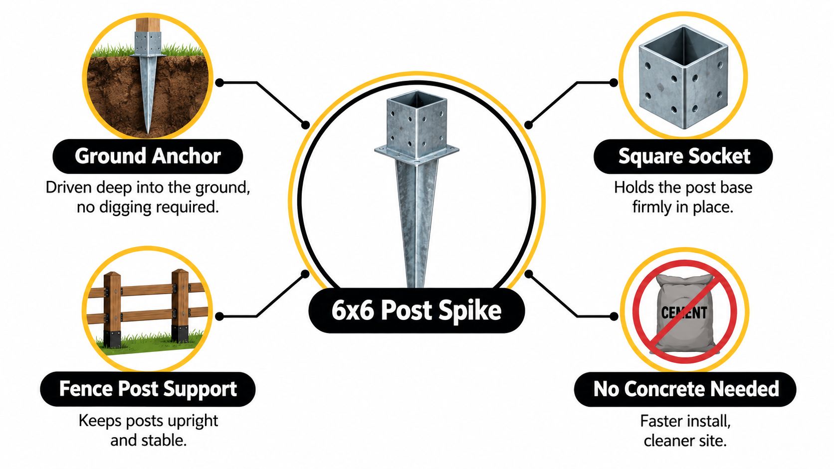 A 6x6 post spike showing installation features including ground anchoring, a square socket, and no concrete requirement.