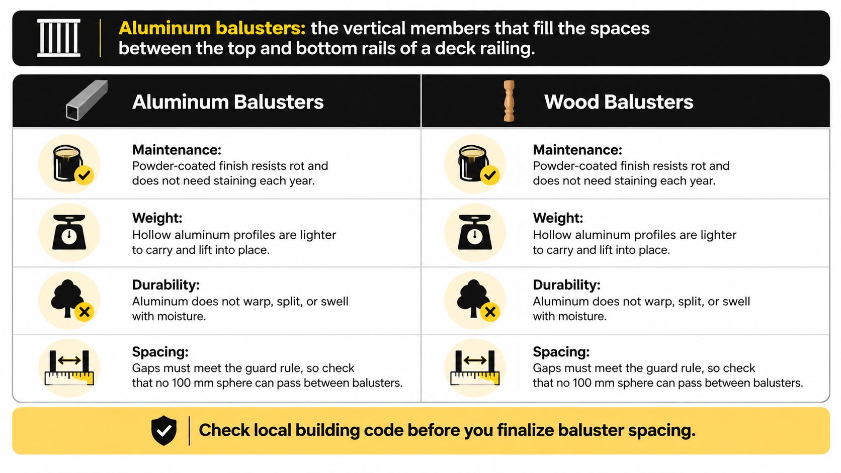 A comparison chart outlining the maintenance, weight, durability, and spacing requirements for aluminum and wood deck balusters.
