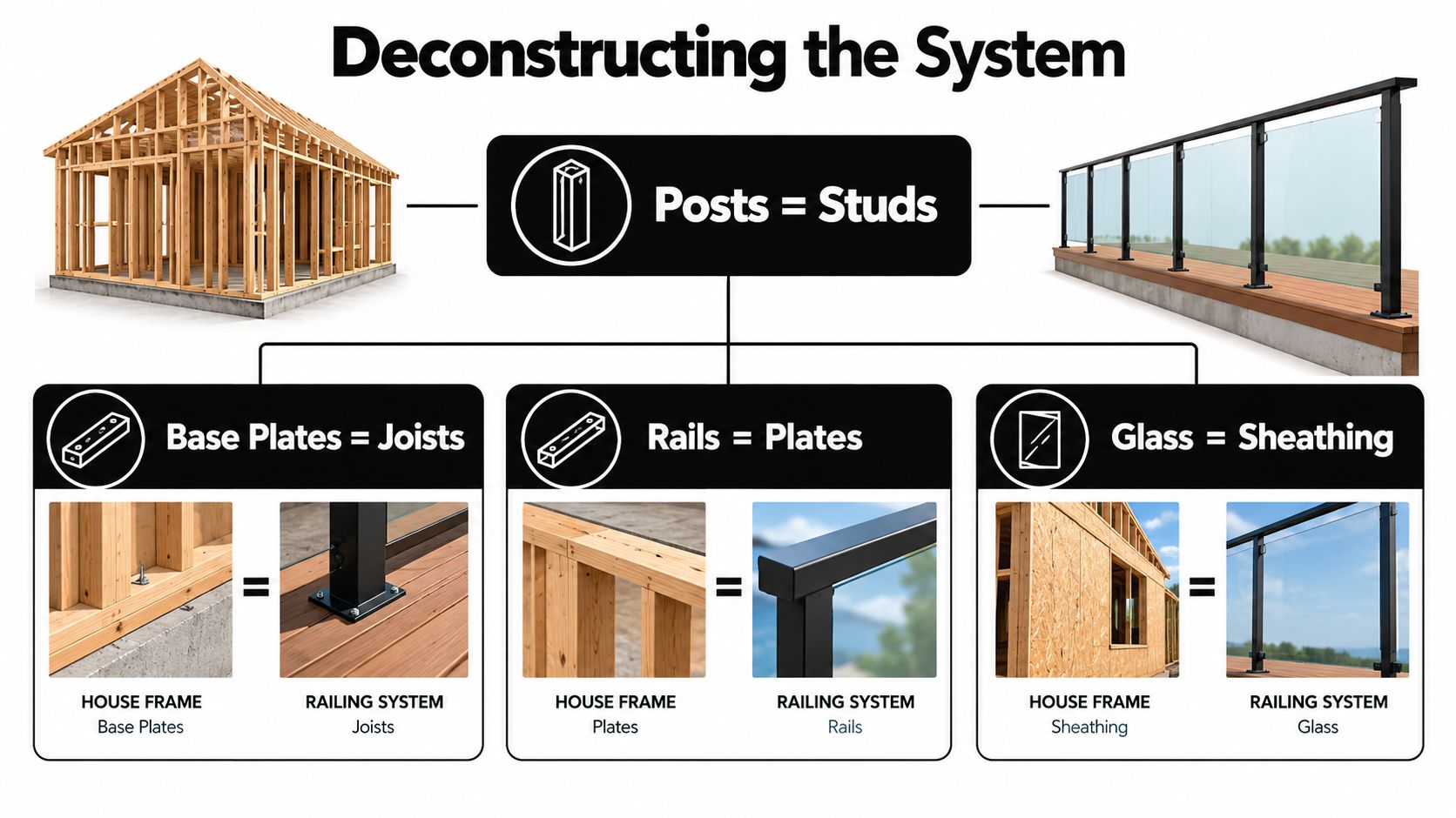 A diagram comparing components of house framing construction with a modern aluminum glass railing system.