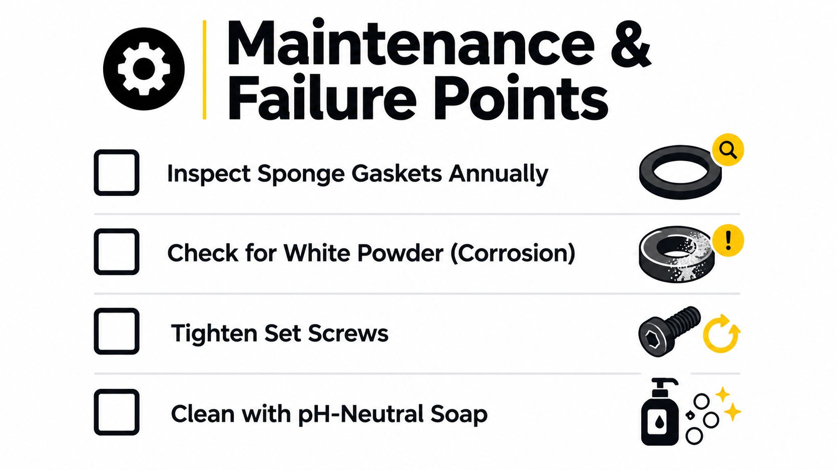 A maintenance checklist for aluminum glass railing systems showing inspection, corrosion, hardware, and cleaning tasks.