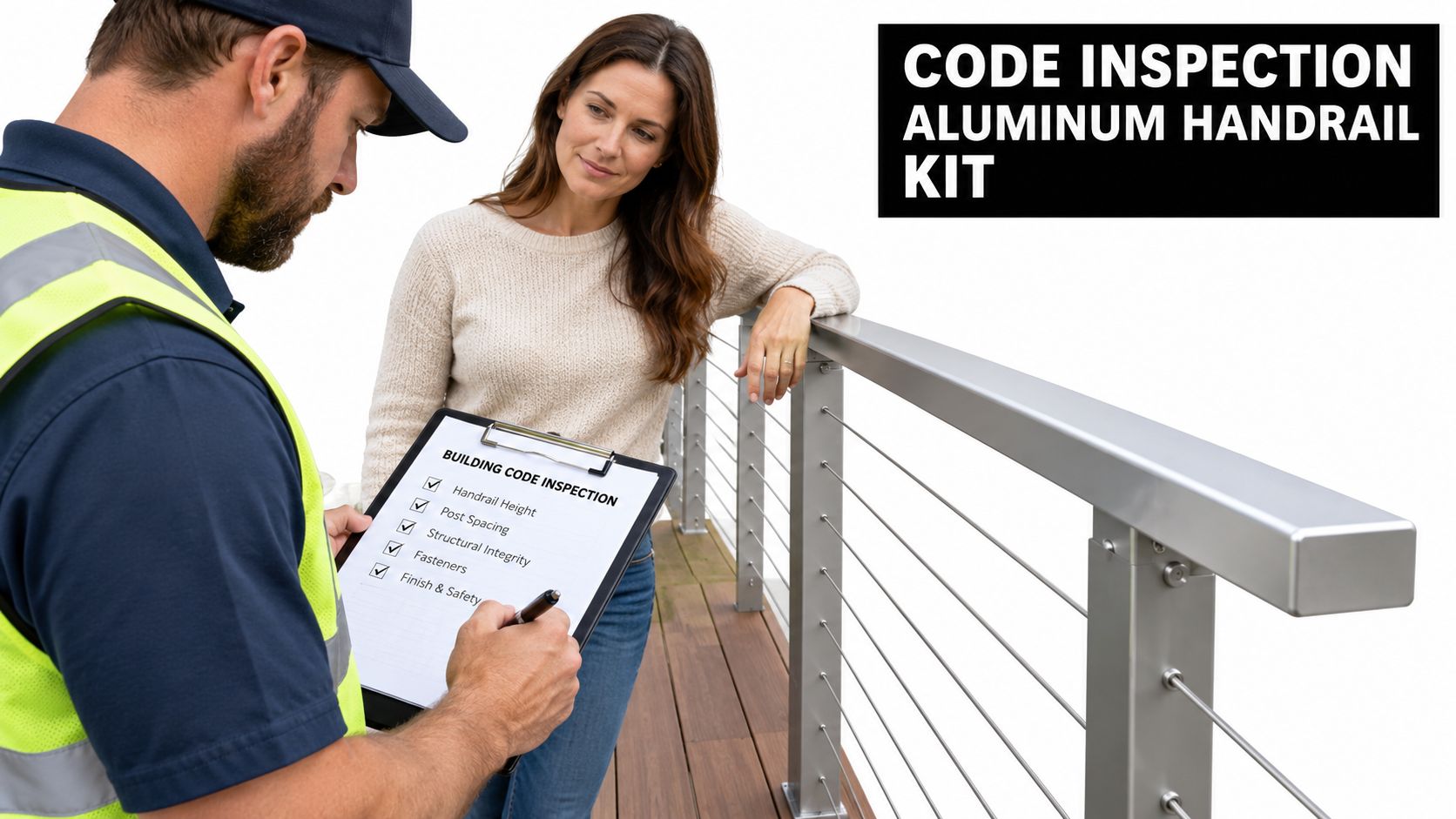 A professional inspector in a high-visibility vest reviews an aluminum handrail kit installation with a female homeowner.