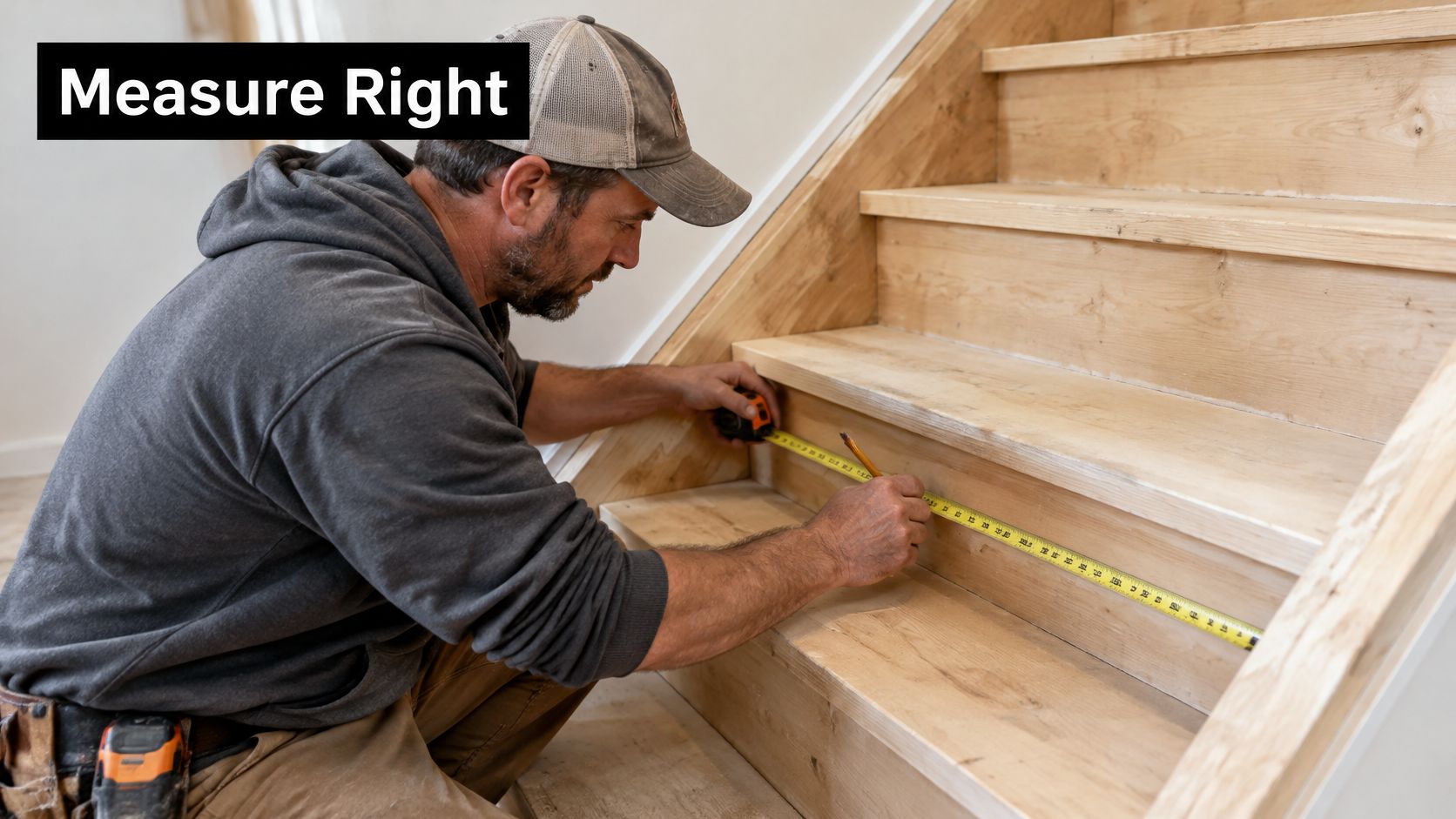 A professional carpenter using a tape measure and pencil to mark wooden stairs during a renovation project.