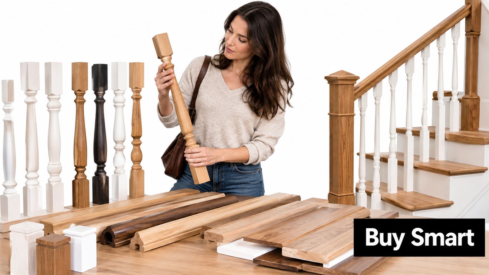 A woman inspecting a wooden baluster in a showroom filled with stair parts and handrail components.