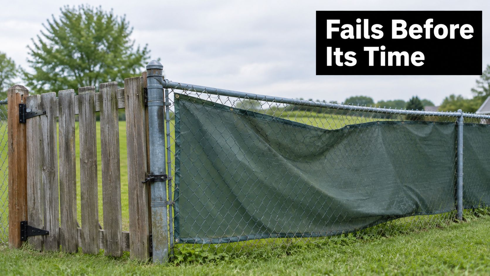 A wooden gate connected to a sagging green privacy screen on a chain link fence outdoors.
