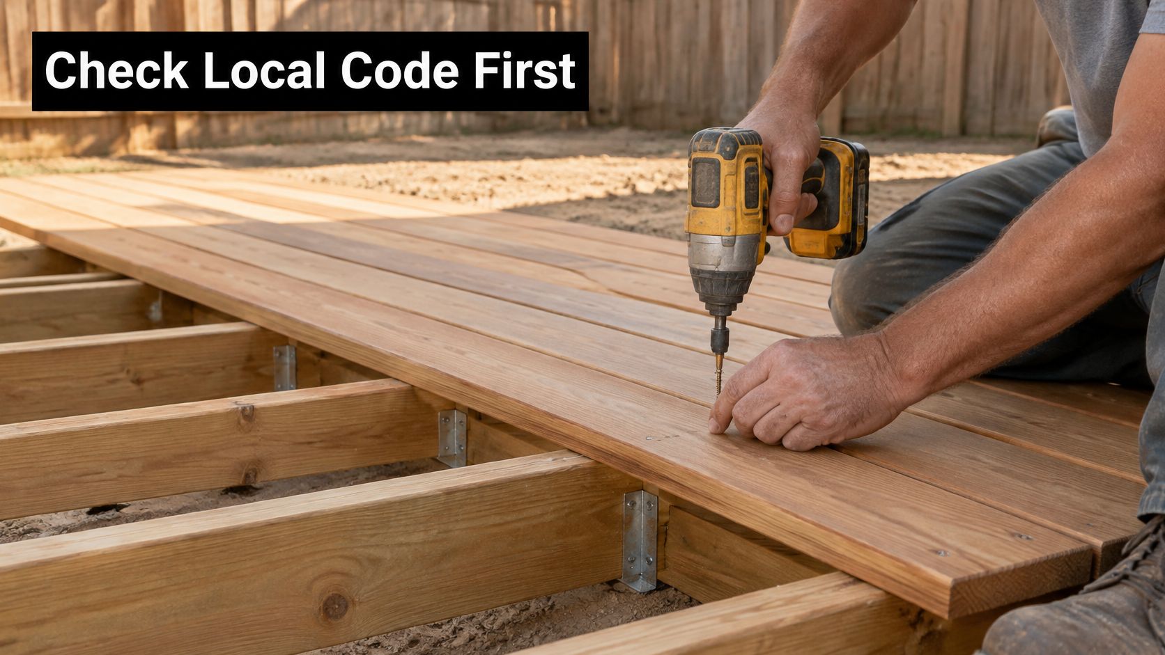 A construction worker uses a power drill to fasten wooden deck boards to the supporting joist frame.