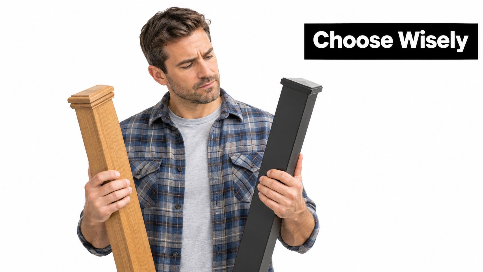 A man in a plaid shirt comparing wooden and black metal deck railing posts while choosing materials.