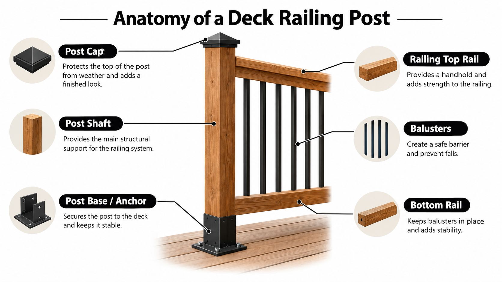 A diagram illustrating the anatomy of a wooden deck railing post with labeled components and descriptions.