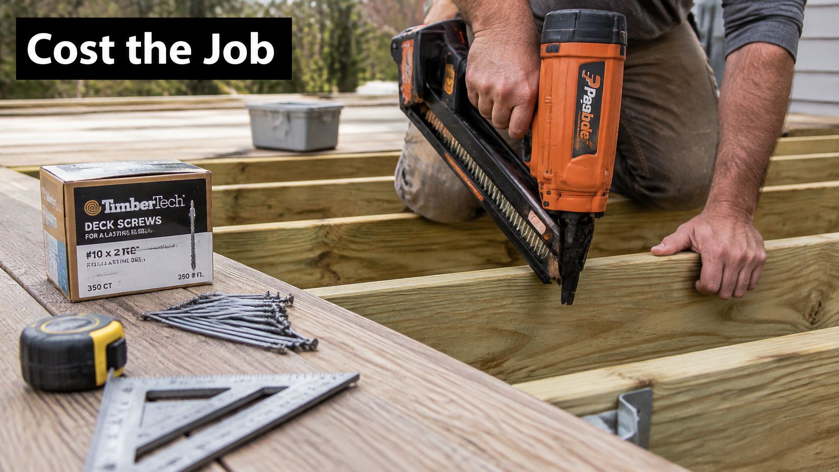 A professional construction worker uses a nail gun to fasten deck boards to the wooden framing joists.
