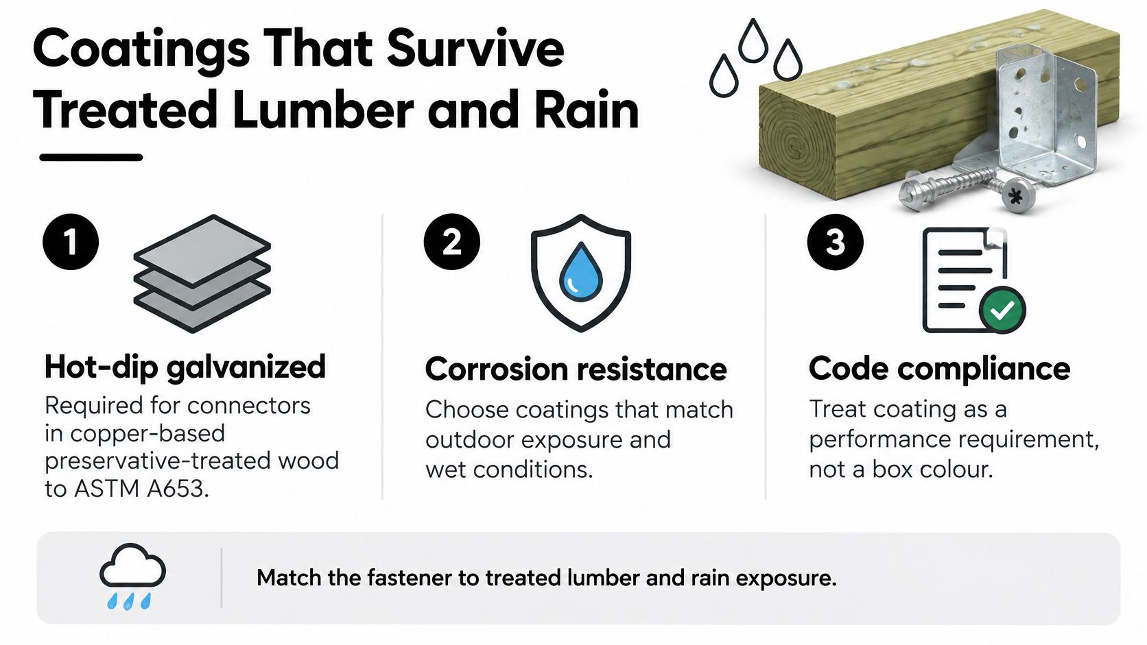An infographic showing three essential considerations for selecting fasteners for treated lumber and outdoor rain exposure.