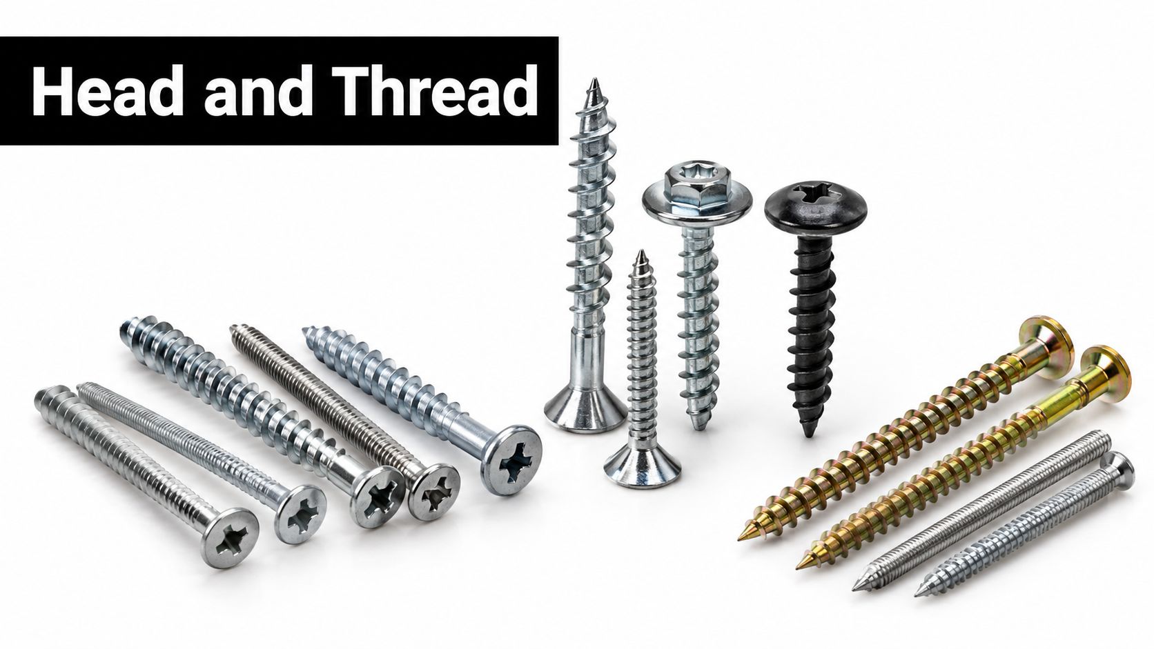 A collection of various metal screws with different head types and thread designs arranged on white surface.