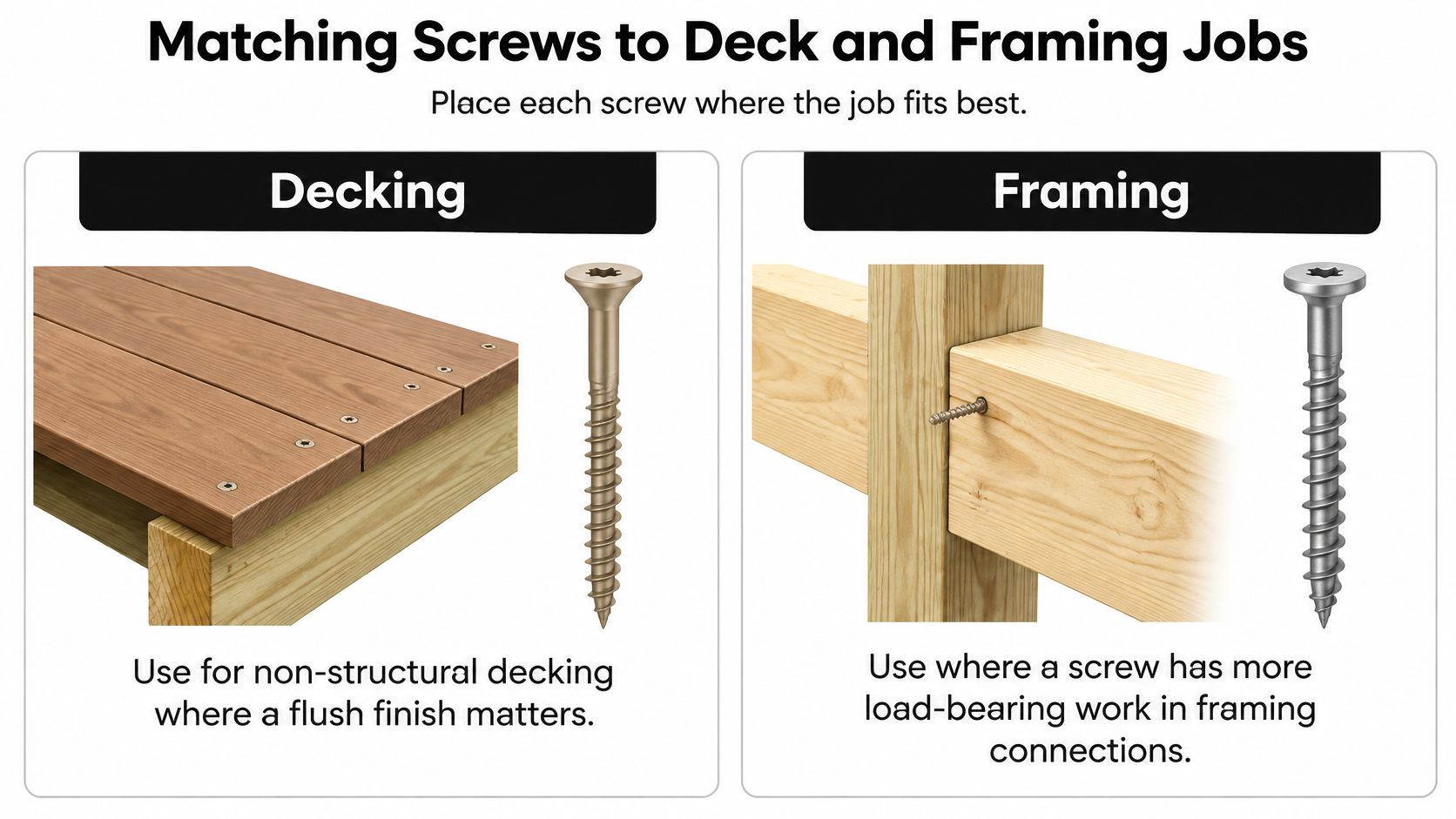An infographic comparing the use of deck screws for decking versus structural screws for wood framing connections.