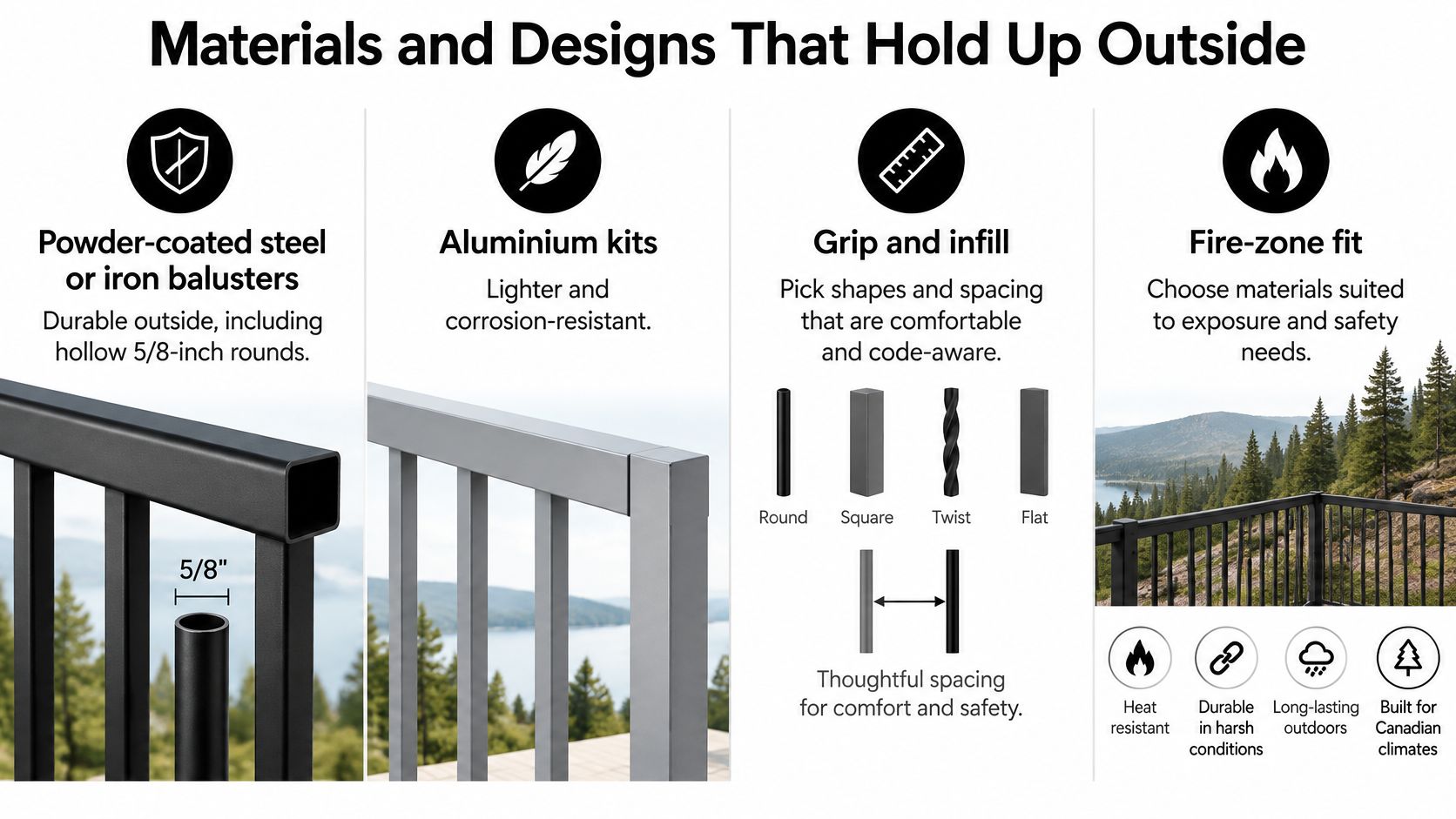 A graphic showing different materials and design options for durable exterior stair railing kits and balusters.