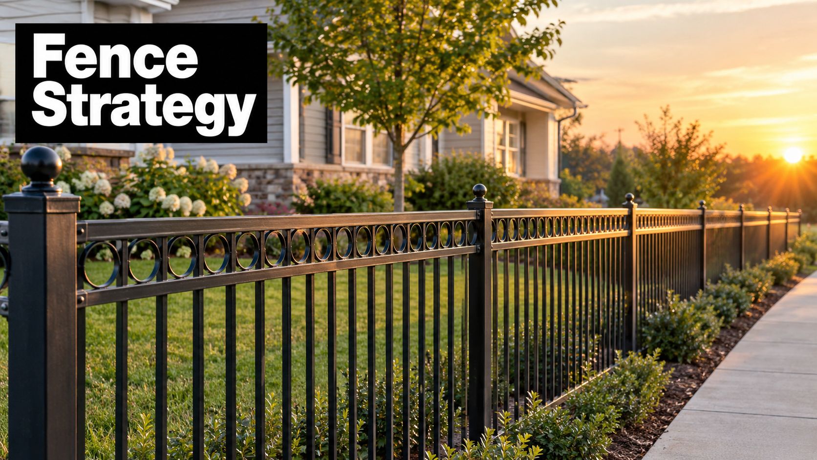 A sleek black metal fence bordering a beautiful green lawn with a sunset in the background.