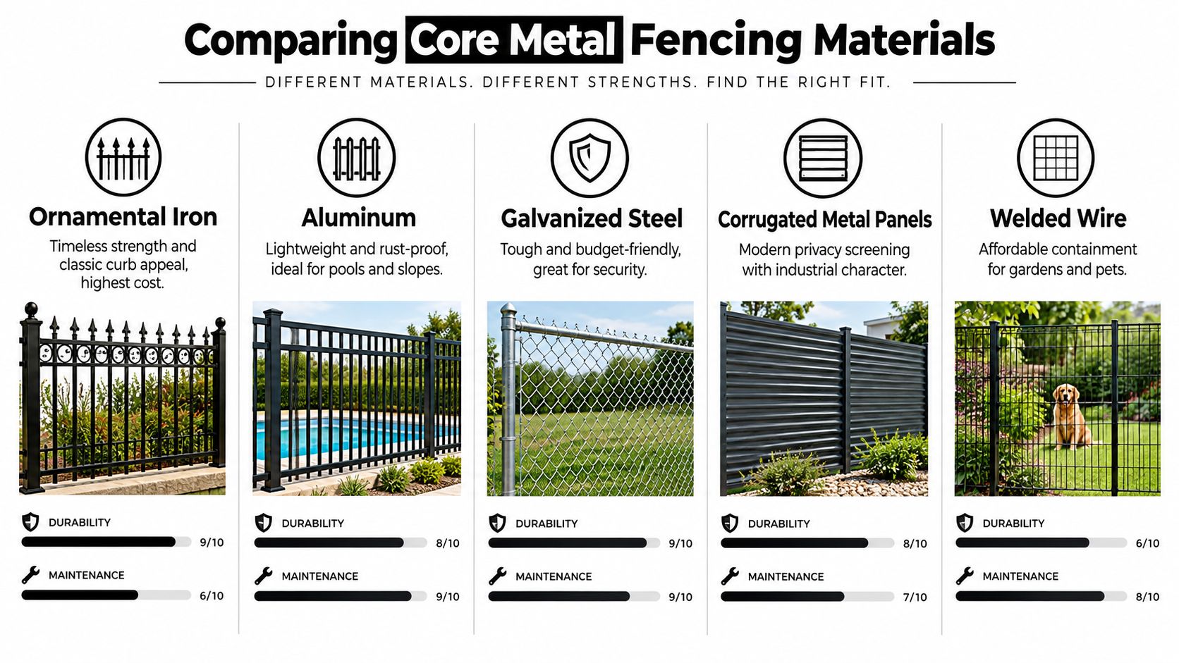 A comparison chart showing five types of metal fencing with their respective durability and maintenance ratings.