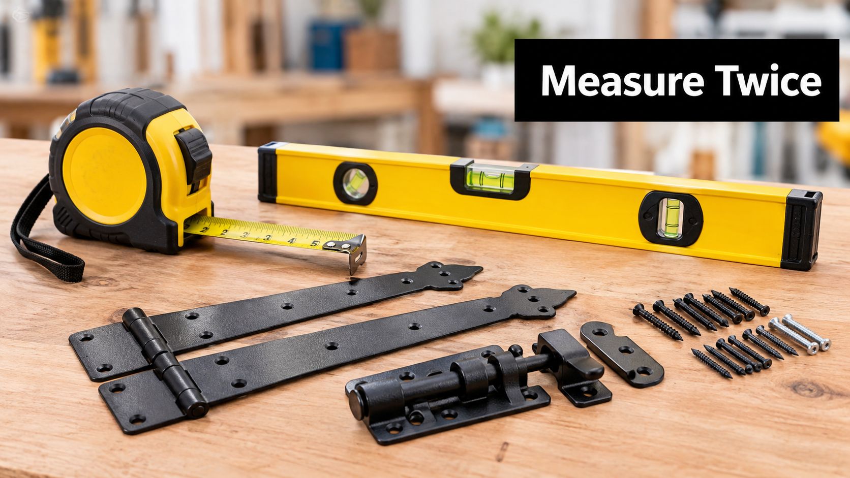A DIY project setup featuring a tape measure, level, black gate hinges, and screws on a wooden table.