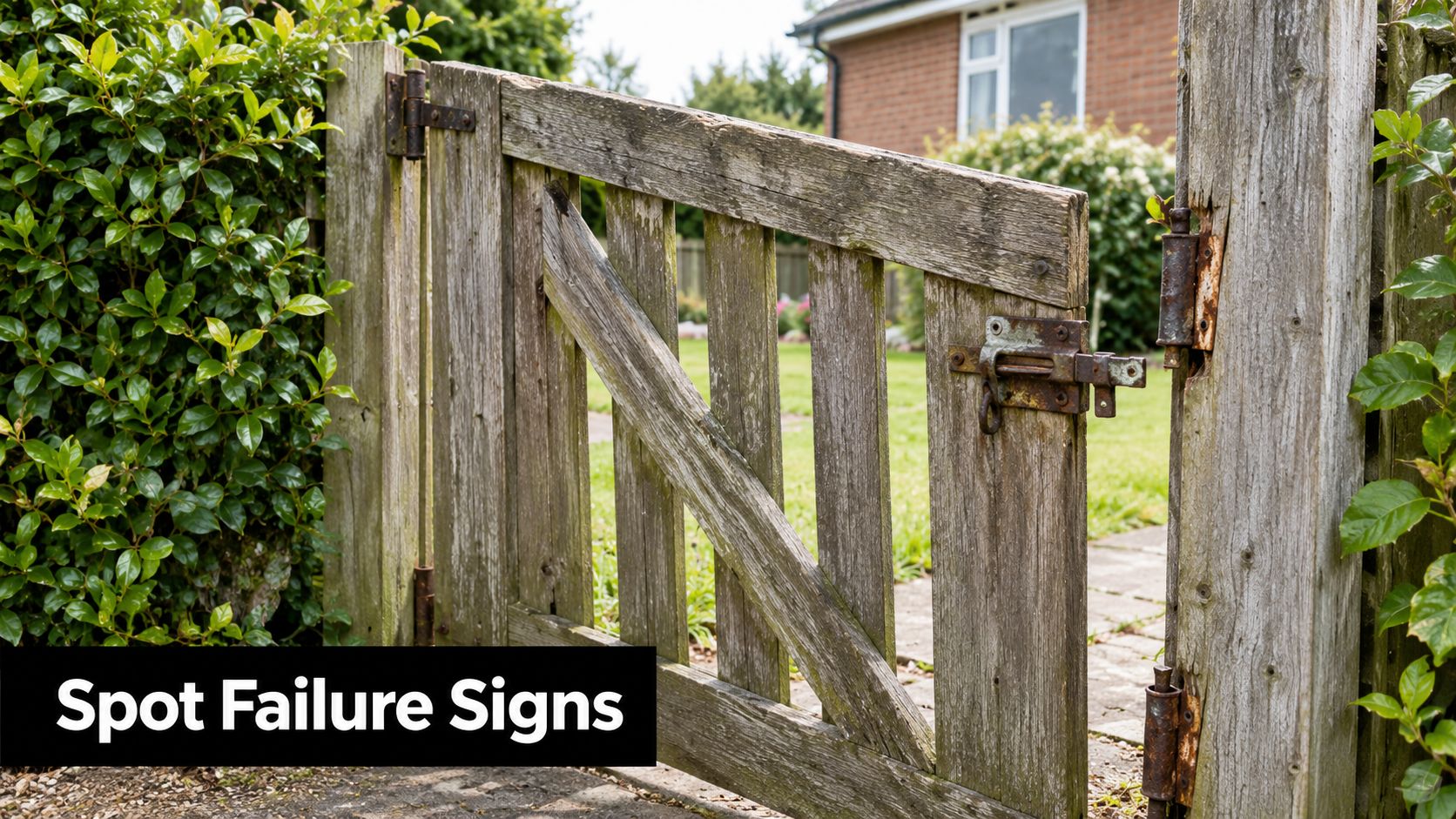 A weathered wooden garden gate with rusty hinges and a manual latch in a residential yard.