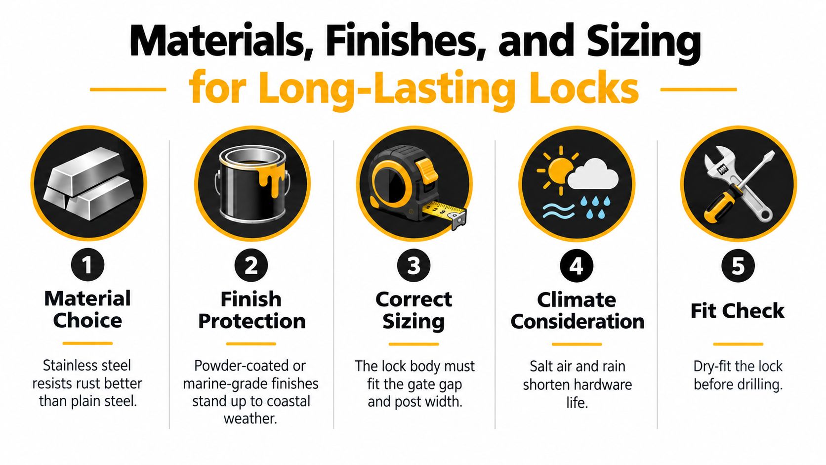 An infographic titled Materials, Finishes, and Sizing for Long-Lasting Locks, featuring five essential tips for outdoor gate hardware.