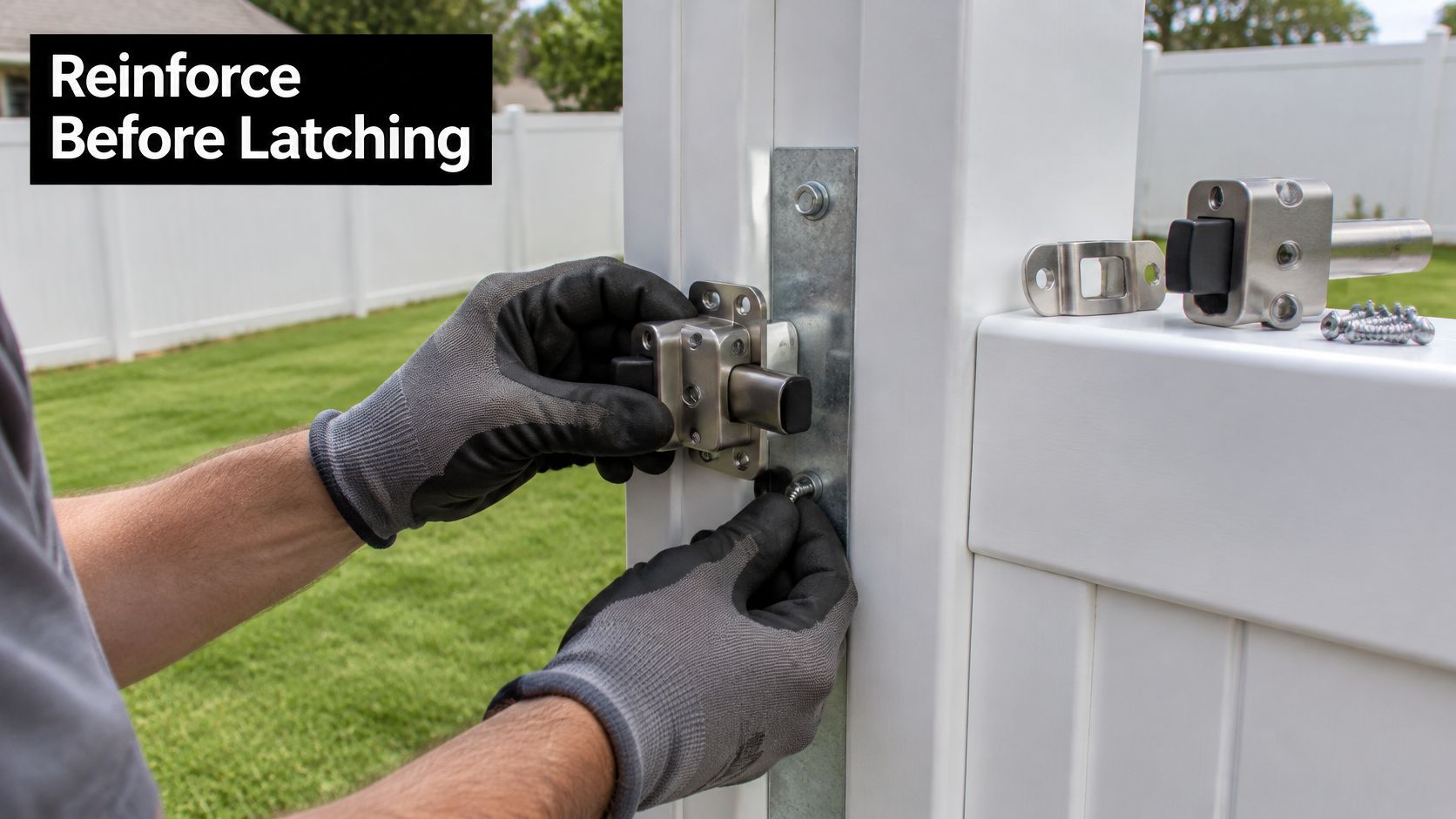 A person wearing gloves installs a metal latch on a white vinyl fence gate post outside.