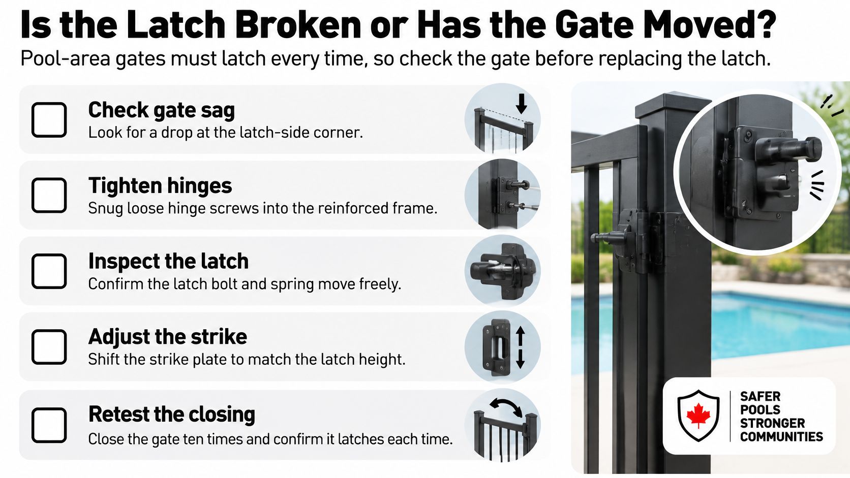 An infographic titled Is the Latch Broken or Has the Gate Moved providing steps to fix gate latches.