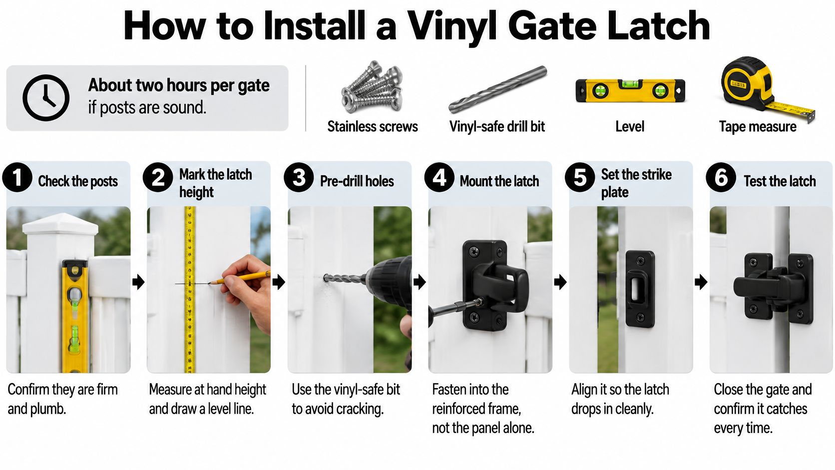 A six-step instructional guide on how to properly install a black vinyl fence gate latch system.