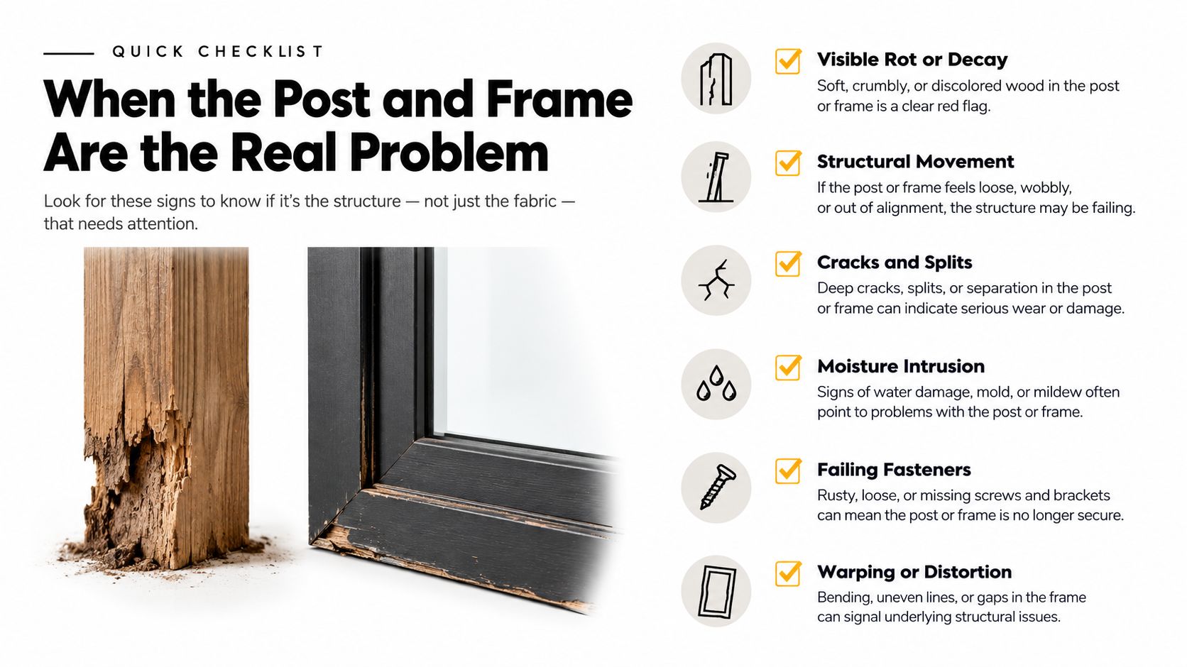 A checklist highlighting six signs of structural damage in wooden posts and frames requiring professional repair.