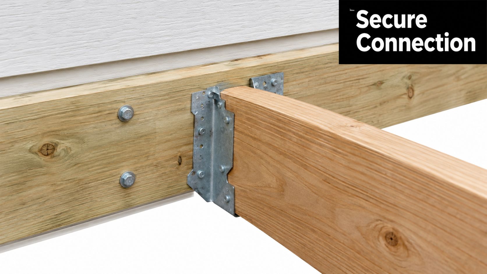 A close-up view of a metal joist hanger connecting a wooden beam to a deck ledger board.