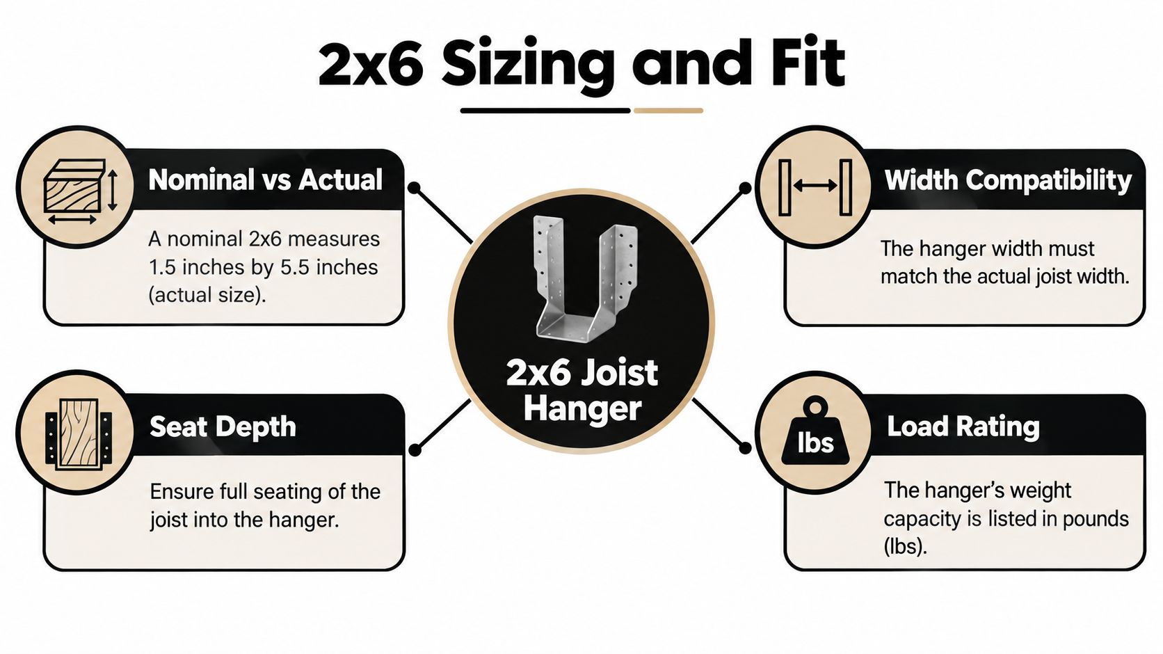 A diagram explaining 2x6 sizing and fit for a joist hanger including nominal dimensions and safety considerations.