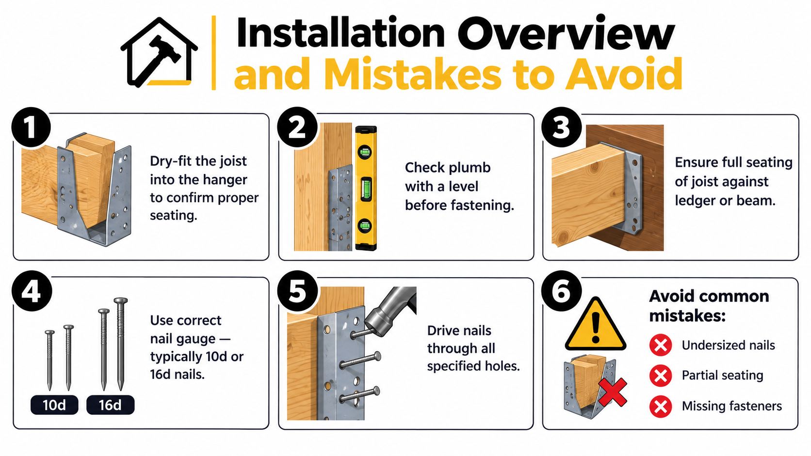 A six-step infographic illustrating the proper installation process for joist hangers and common mistakes to avoid.