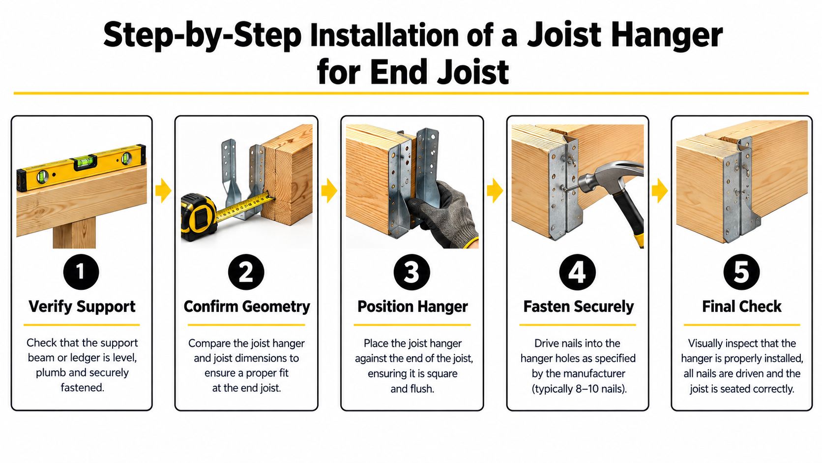 A five-step infographic illustrating the professional installation process for an end joist metal hanger.
