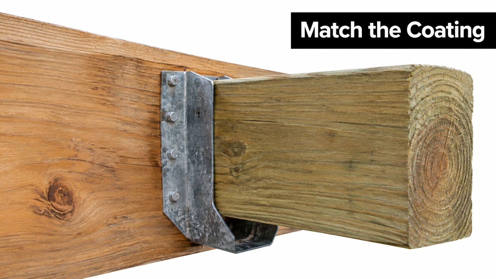 A close-up view of a metal joist hanger securing a wooden beam to a structural support board.