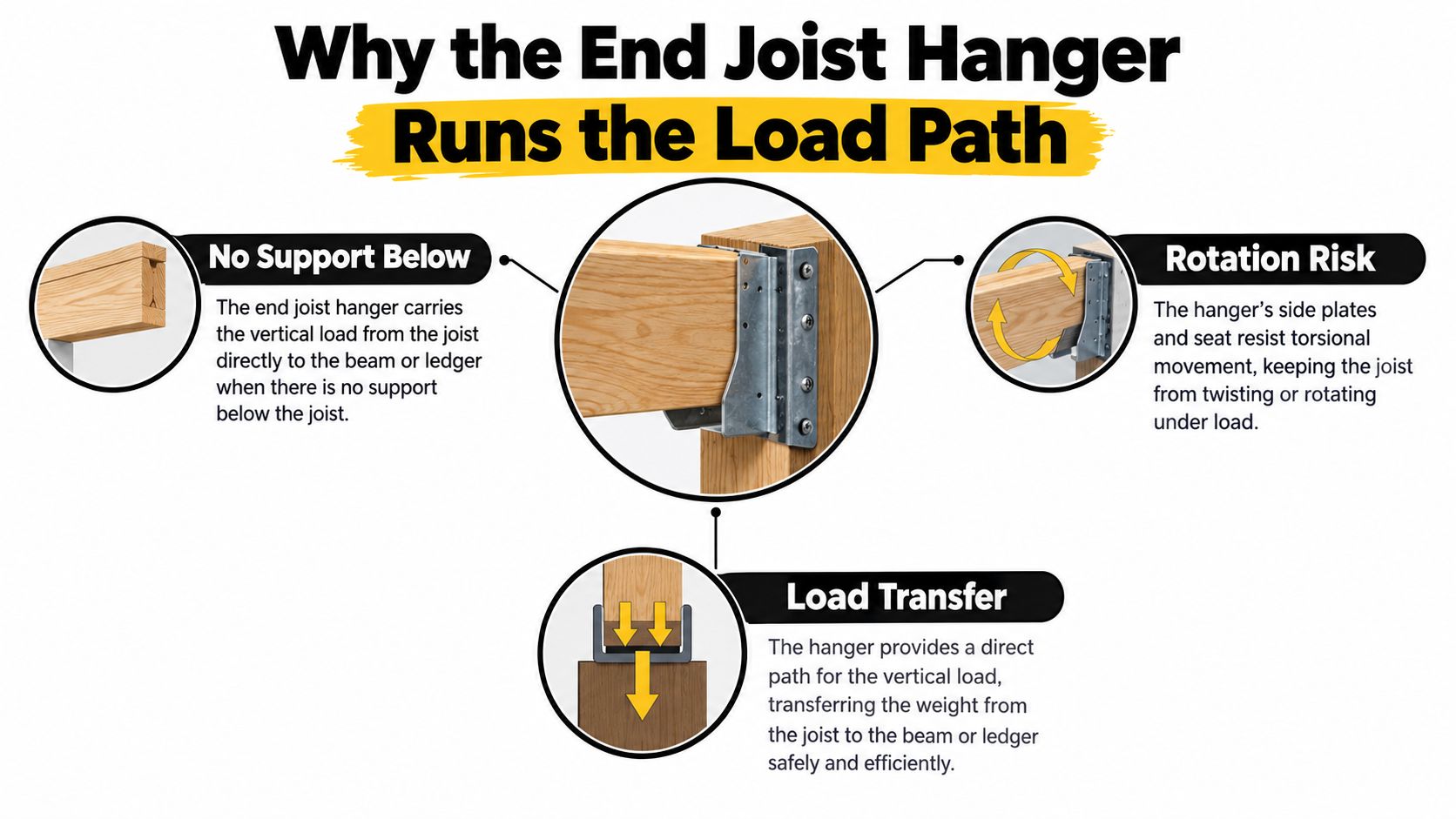 A diagram illustrating how an end joist hanger transfers vertical loads and prevents rotation in construction.