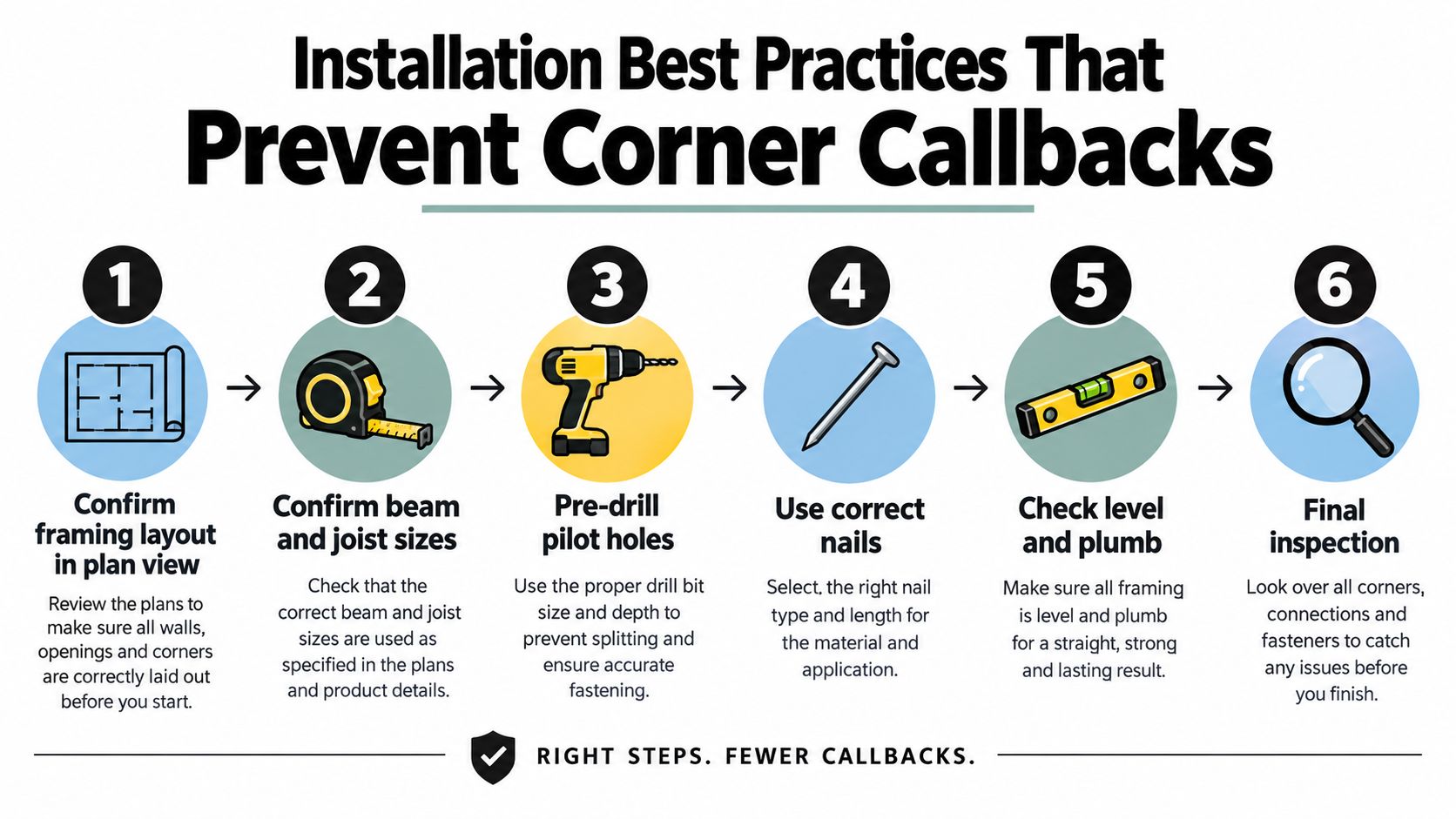 A six-step instructional graphic on installation best practices to prevent corner callbacks during construction and framing.