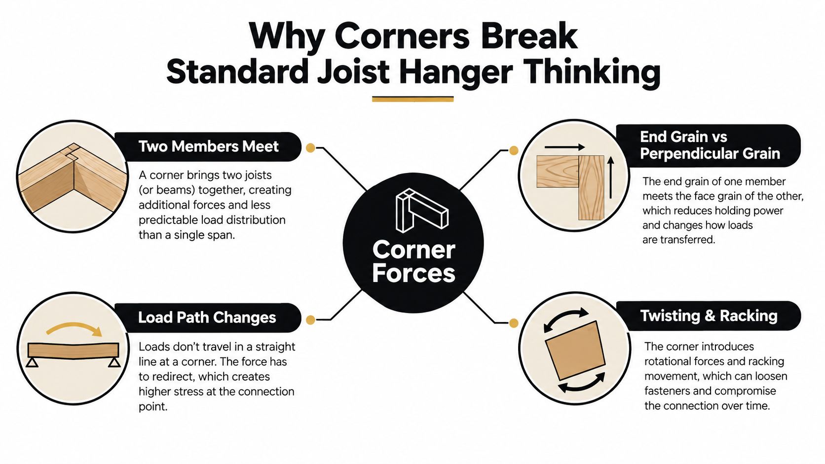 A diagram explaining structural engineering forces at joist corner connections and why they often fail.