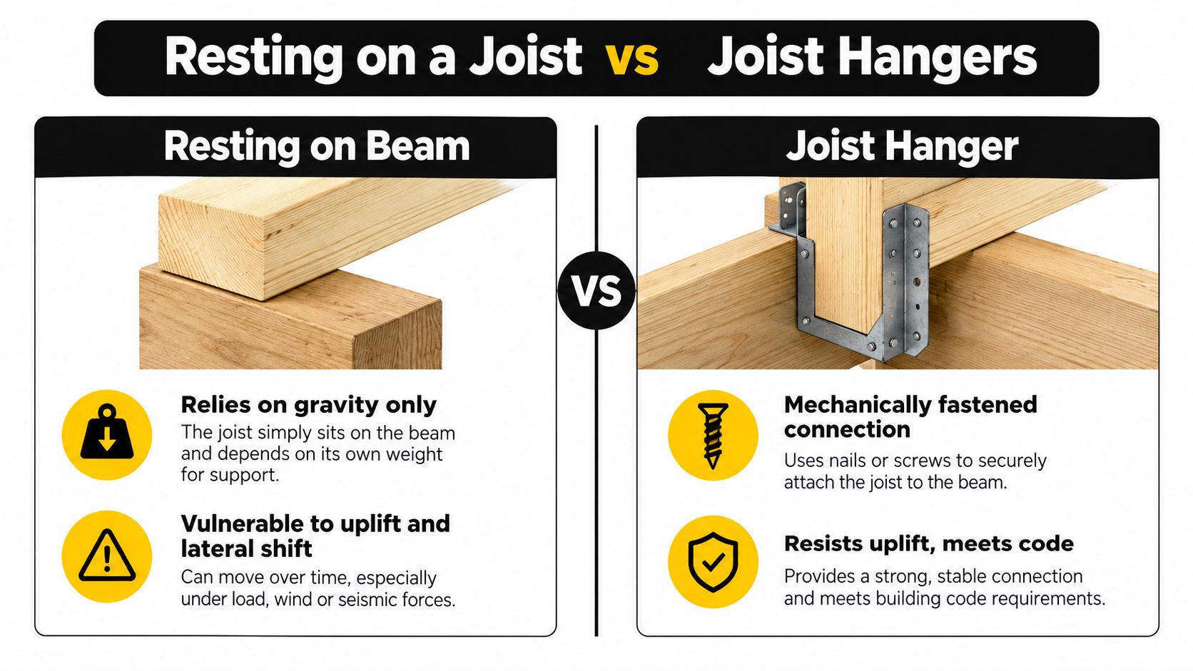 A comparative infographic showing a wood joist resting on a beam versus a joist secured with a metal hanger.