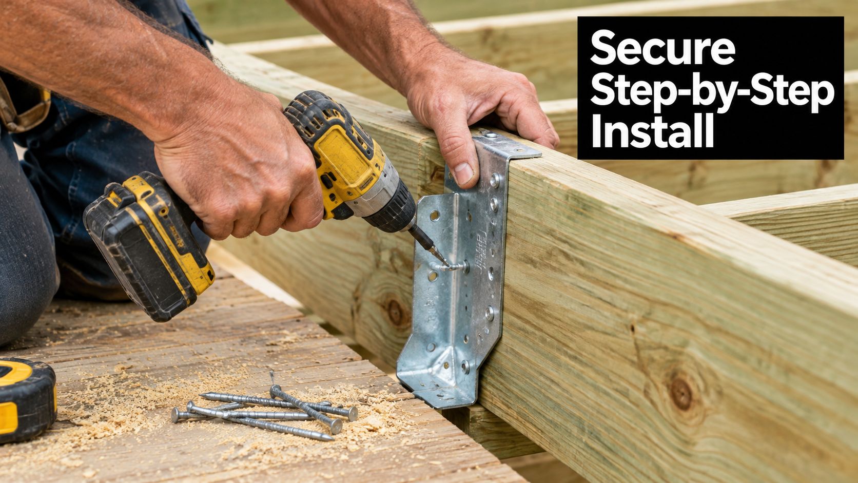 A construction worker using a power drill to install a metal joist hanger onto a wooden beam.