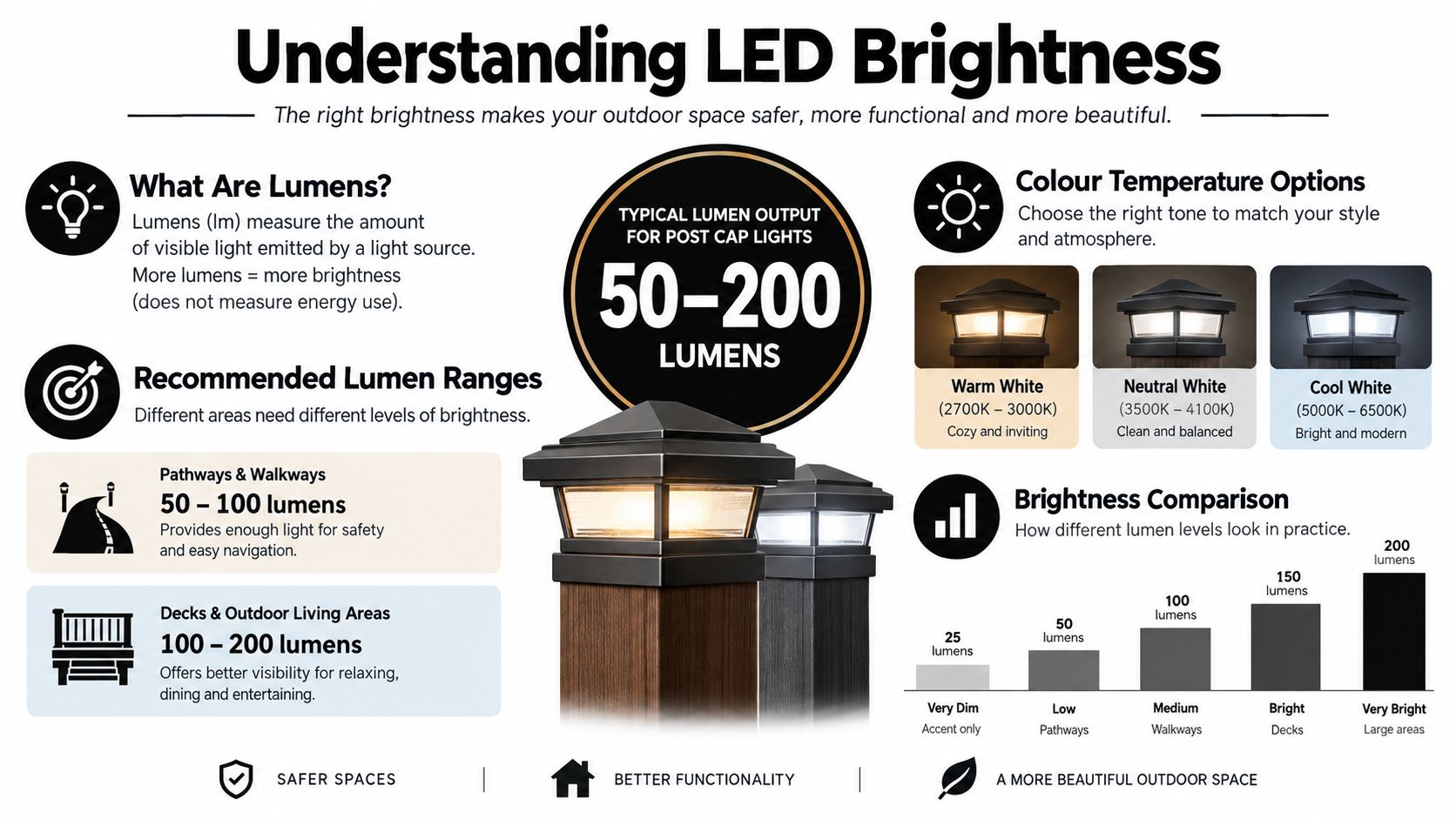 An infographic explaining LED brightness, lumens, and color temperature for outdoor post cap lights.