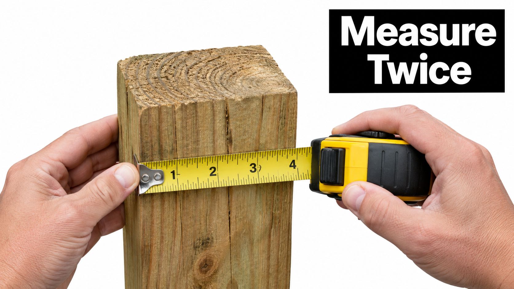 A close-up view of a person using a tape measure to measure the width of a wooden post.