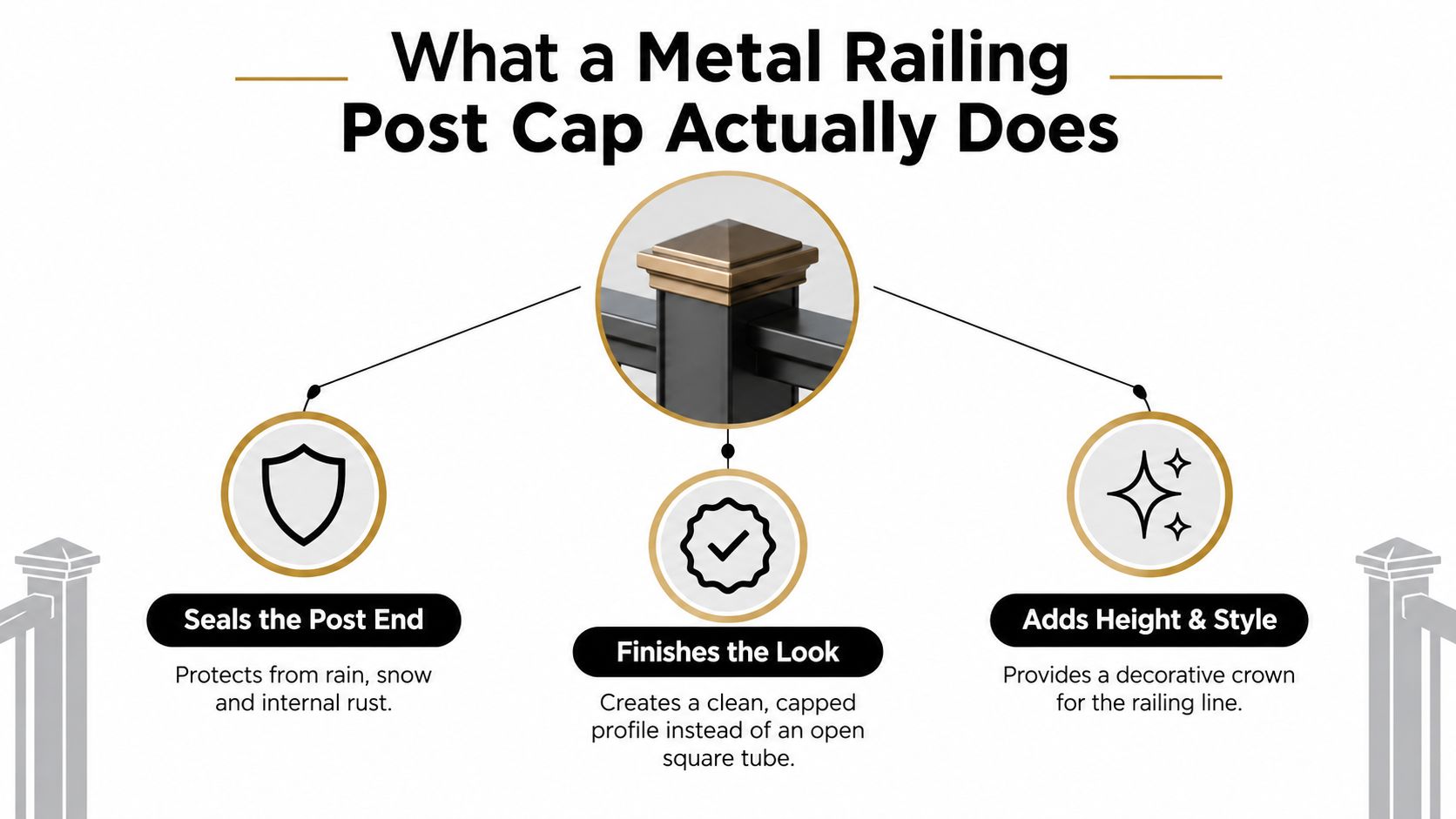 An infographic showing that metal railing post caps protect posts, finish their look, and add decorative style.