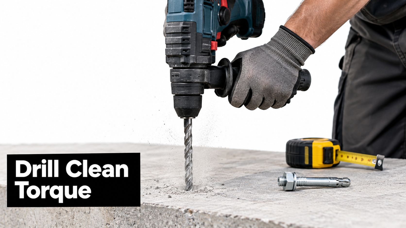A construction worker uses a powerful hammer drill to create a hole in a concrete surface.