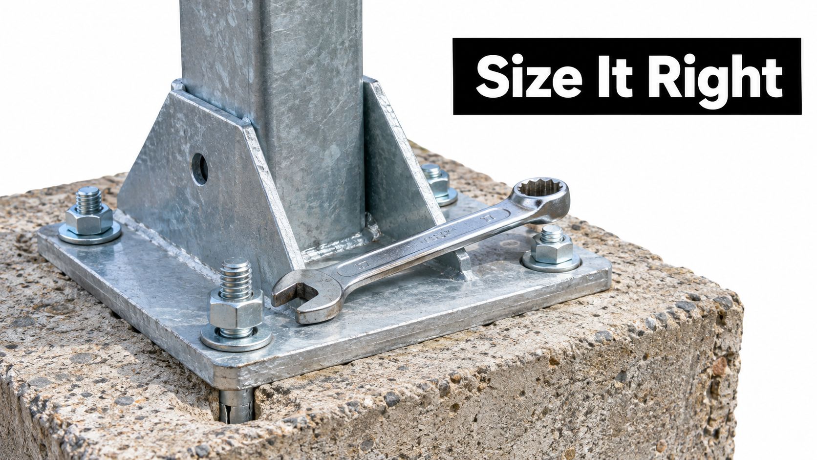A close up view of a metal post base plate secured to a concrete block with sleeve anchors.