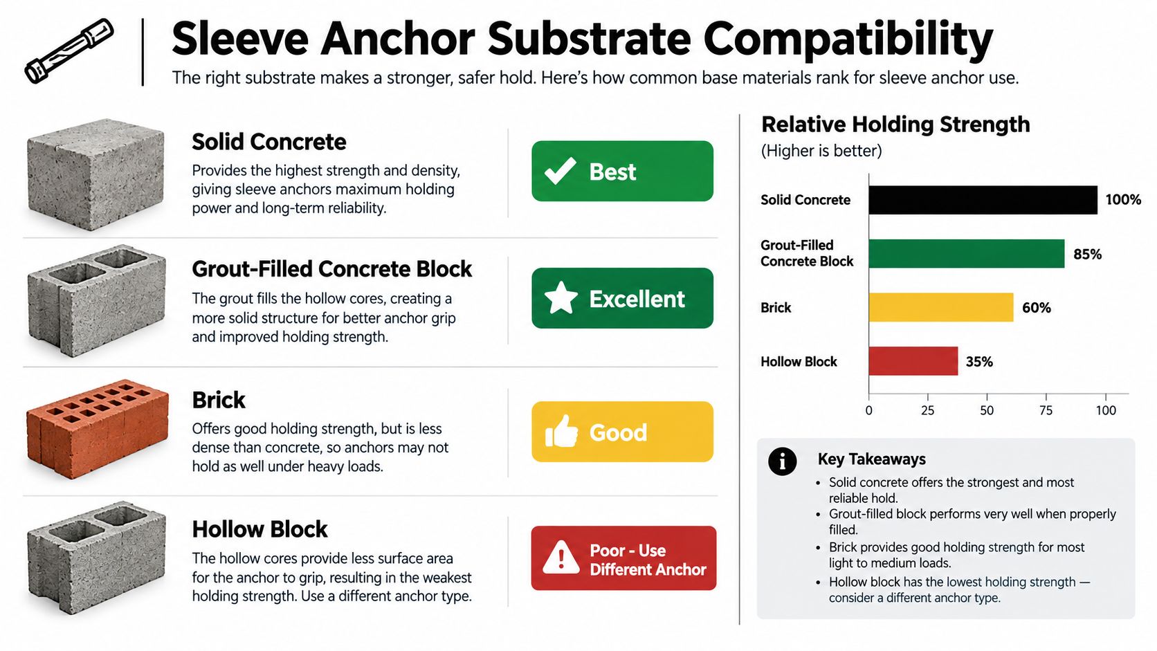 A chart comparing the holding strength and suitability of various substrates for using sleeve anchors.