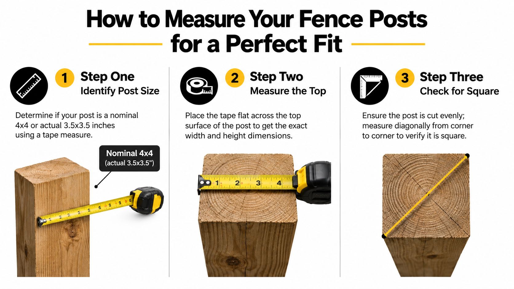 An infographic showing three steps to measure a fence post to determine the correct post cap size.