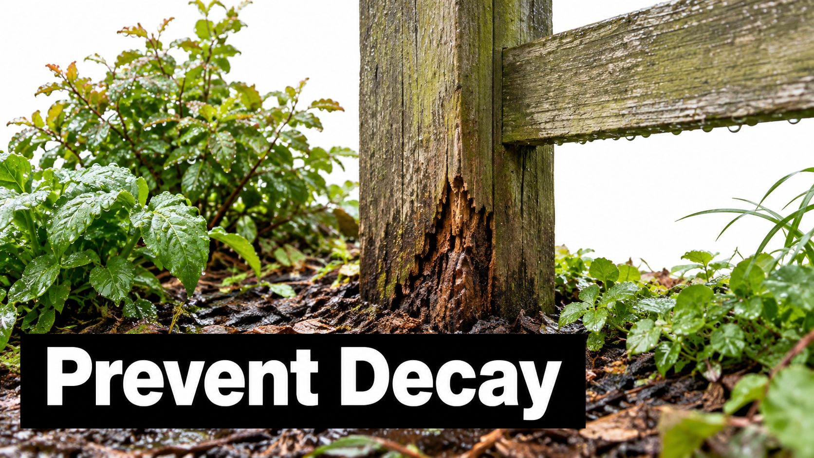 A close up view of a wooden fence post showing significant rot and decay near the ground.